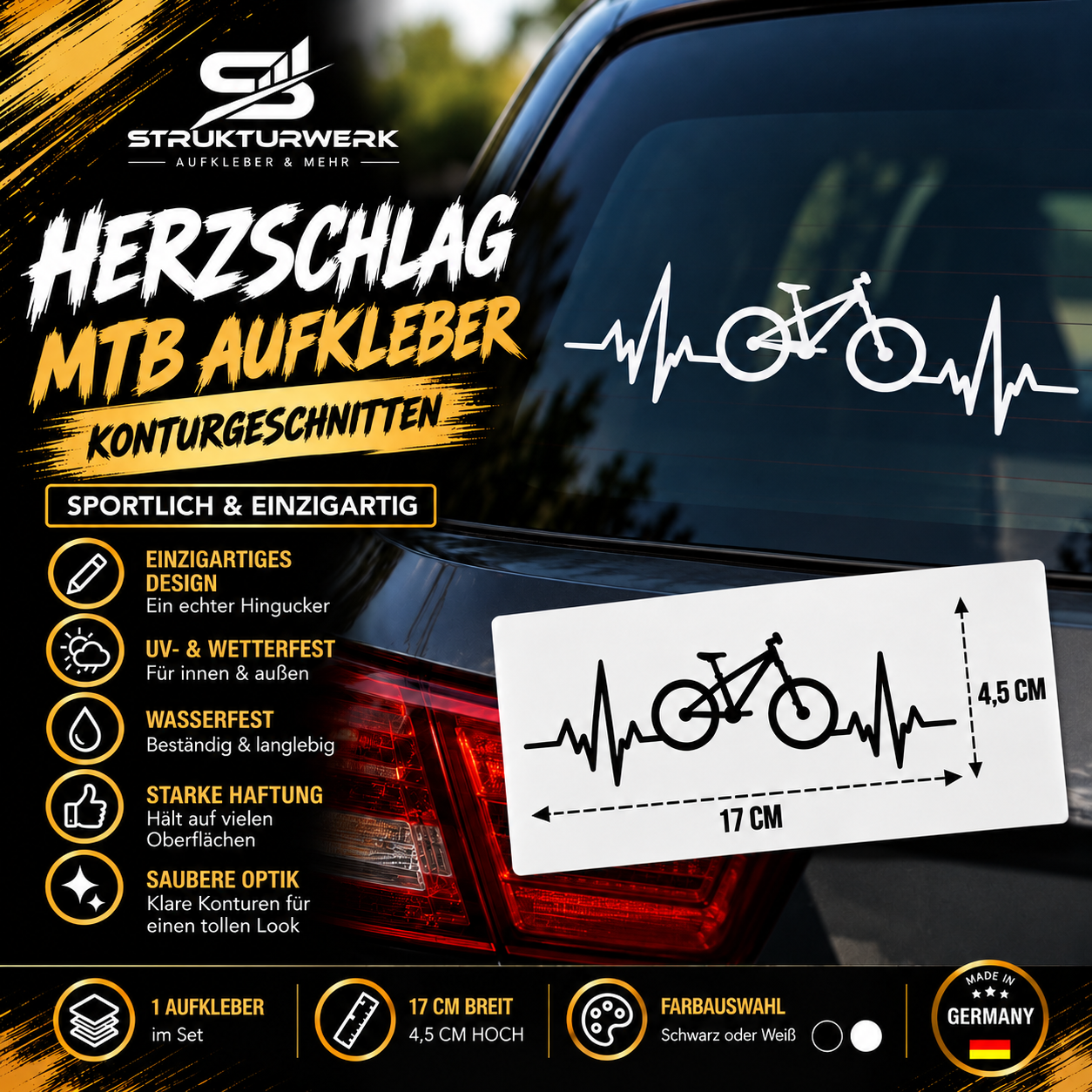 MTB Herzschlag Aufkleber 17cm | Konturgeschnitten | Schwarz/Weiß | Fahrrad