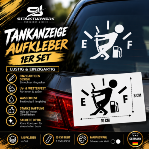 Tankanzeige Aufkleber lustig Auto Sticker Tanken 10x8 cm Schwarz Weiß