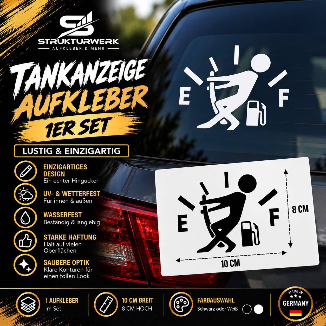 Tankanzeige Aufkleber lustig Auto Sticker Tanken 10x8 cm Schwarz Weiß
