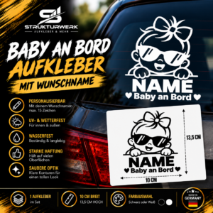 Baby an Bord Aufkleber Mädchen personalisiert mit Wunschname